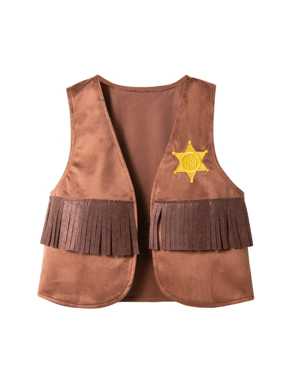 Toddler Boy Western Cow Boy Vest with Fringe and Star Embroidery Open Front Clothes Top,Coffee