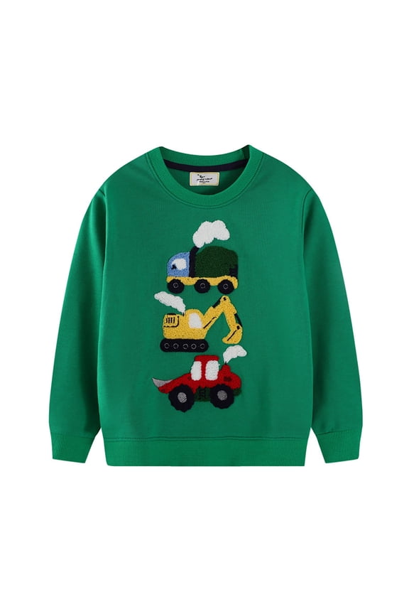 Toddler Boy's Chenille Construction Truck Sweatshirt Printed Long Sleeve Sweatshirts School Pullover,Green
