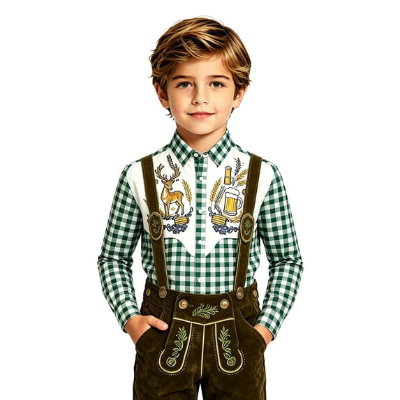 Byoo Toddler Boy's Stag Wheat Patch Graphic Shirt Lapel Collar Long Sleeve Bavarian Top Oktoberfest Blouse
