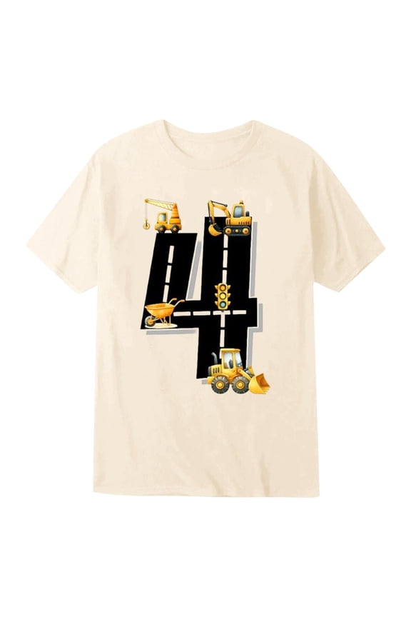 Toddler Boys 4th Birthday Tshirt Construction Vehicle Graphic Short Sleeve Crew Neck Kids T Shirt,Beige