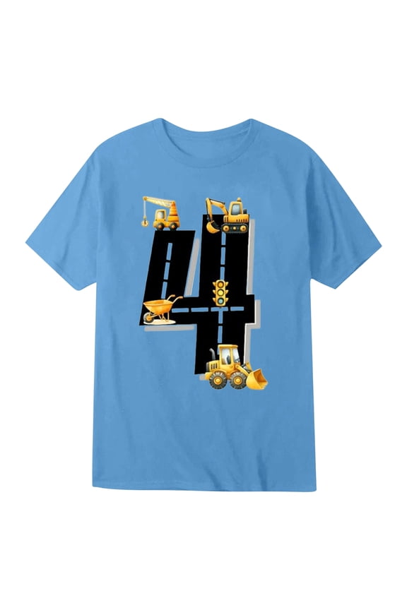 Toddler Boys 4th Birthday Tshirt Construction Vehicle Graphic Short Sleeve Crew Neck Kids T Shirt,Blue