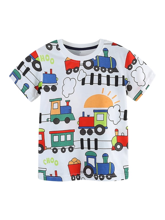 Toddler Boys Allover Print Tshirt Train Track Graphic Short Sleeve Crewneck Tee Shirt Breathable Soft Pullover T Shirt