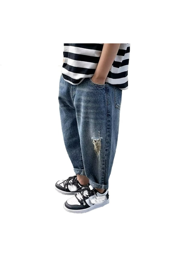 Toddler Boys' Baggy Jeans Straight Leg Jeans with Pockets Elastic Waist Distressed Ripped Denim Pants with Holes