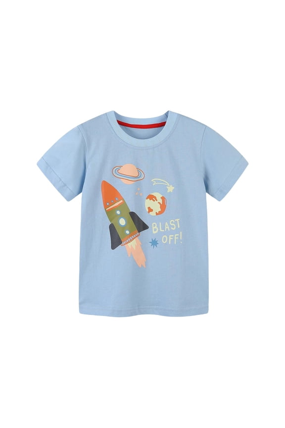 Toddler Boys Cartoon Rocket Graphic T Shirt Versatile Short Sleeve Crew Neck Tee Shirt Summer Soft Top, Light Blue