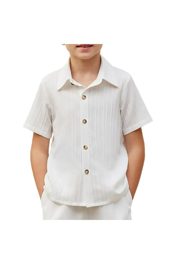 Toddler Boys Casual Button Down Shirt Solid Color Textured Short Sleeve Button-Up Shirt Summer Beach Shirt for Kids,White