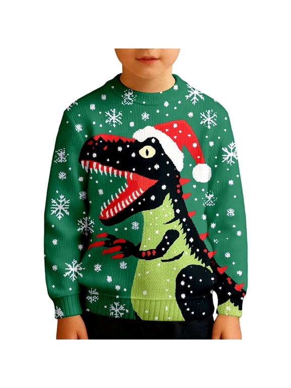 Toddler Boys Christmas Sweatshirt Dinosaur Graphic Long Sleeve Round Neck Knited Shirt Xmas Soft Pullover Top