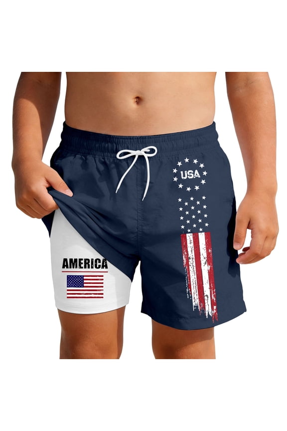 Toddler Boys Compression Liner Shorts USA Flag Printed 4th of July Swim Shorts Quick Dry Trunks