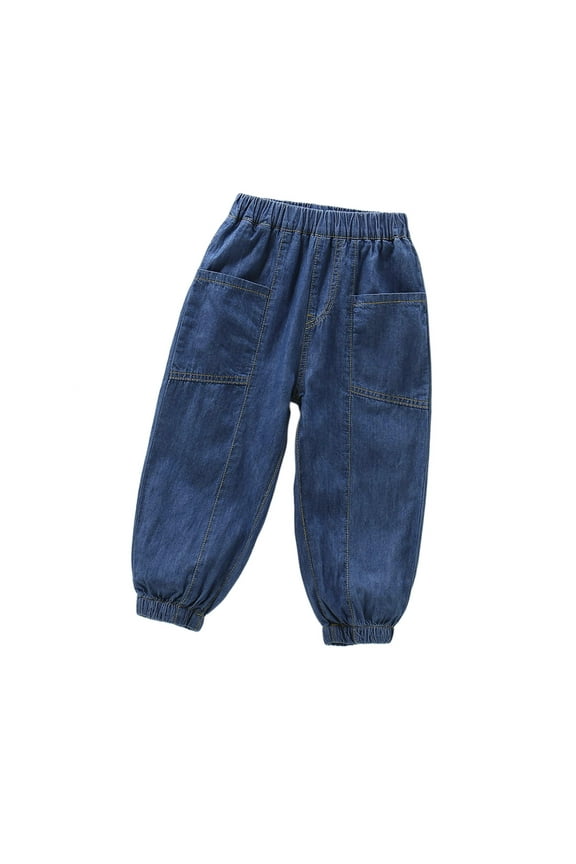 Toddler Boys Denim Pants Lightweight Solid Color Elastic Smocked Waist Casual Washed Jeans Loose Fit Husky Trousers