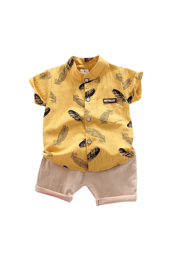 Toddler Boys Feather Print Short Sleeve Shirt And Shorts Set Casual Two Piece Summer Outfit For Kids