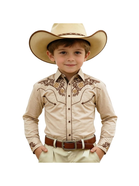 Toddler Boys Floral Embroidered Western Shirt Long Sleeve Button Down Cow Boy Blouse,Khaki