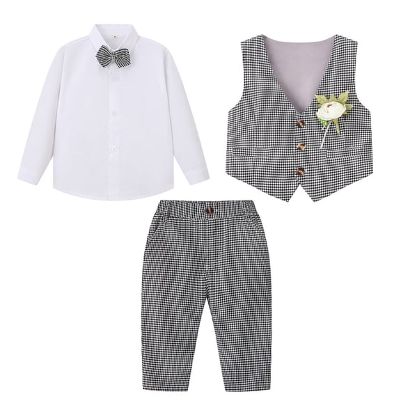 Byoo Toddler Boys Formal Outfits Plaid Button Down Vest Bow Tie Long Sleeve Shirt Pants 3 Pc Sets Formal Events Comfy Outfits