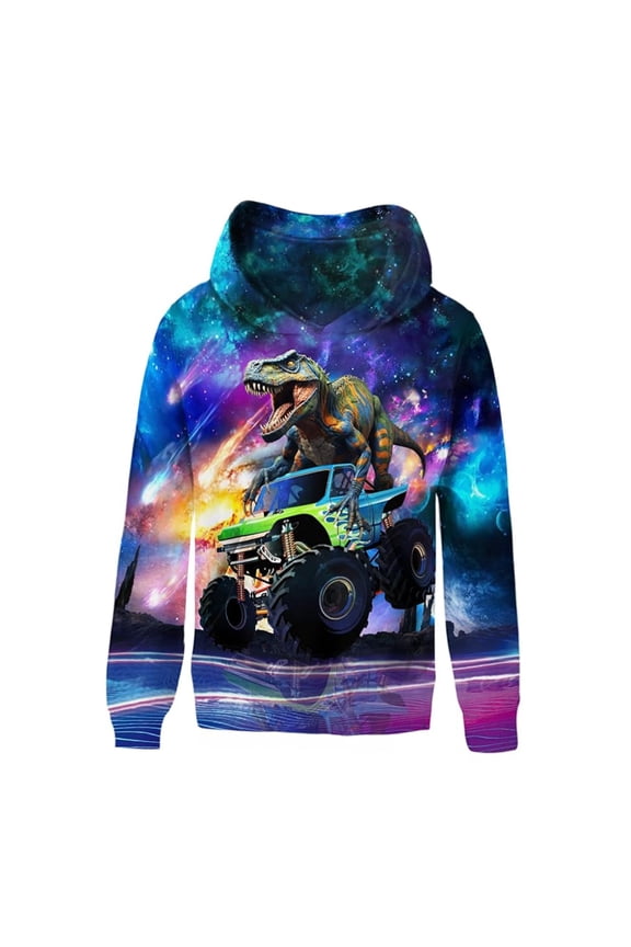 Toddler Boys' Galaxy T-Rex Truck Graphic Hoodie Long Sleeve Pullover Top Daily Comfort Hooded Sweatshirt, Blue