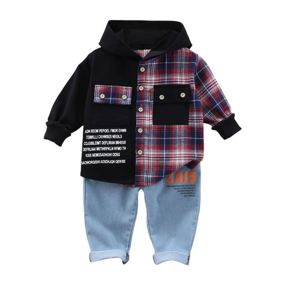 Byoo Toddler Boys Outfits Long Sleeve Plaid Hooded Shirt Denim Jeans Fall Clothes Set, 2Pcs