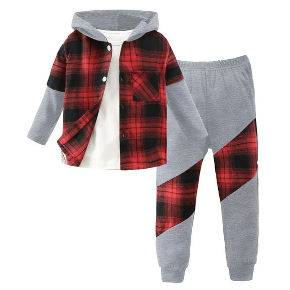 Byoo Toddler Boys Outfits Long Sleeve Plaid Hooded Shirt Sweatpants 2Pcs Fall Clothes Set