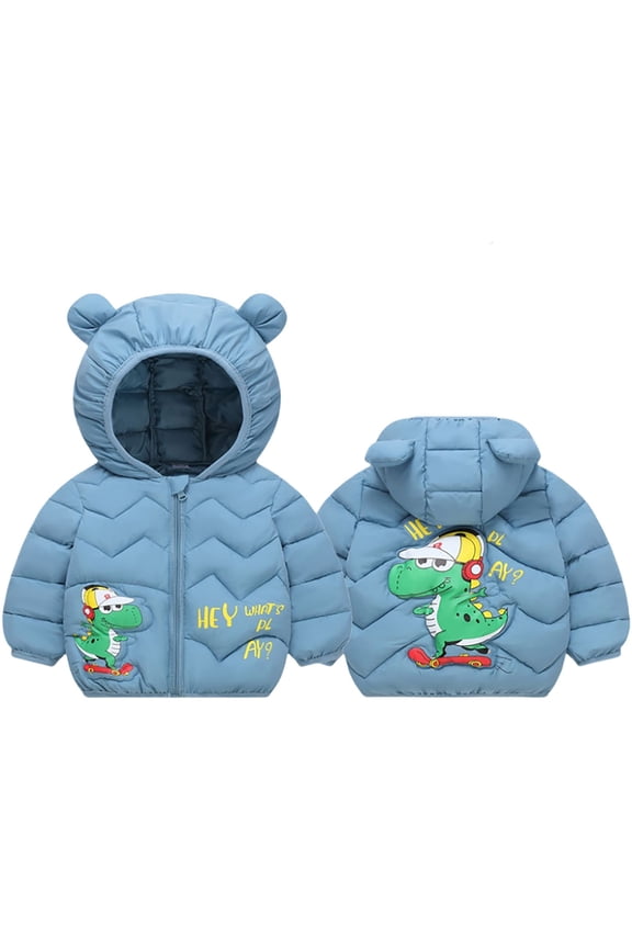 Toddler Boys Puffer Jacket Dinosaur Graphic Full Sleeved Lightweight Padded Hoody Down Jacket Winter Comfortable Coat