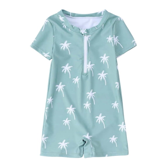 Byoo Toddler Boys Rash Guard UPF 50+ Short Sleeve Dinosaur Print Front Zip Pool Beach One Piece Swimsuit,Green