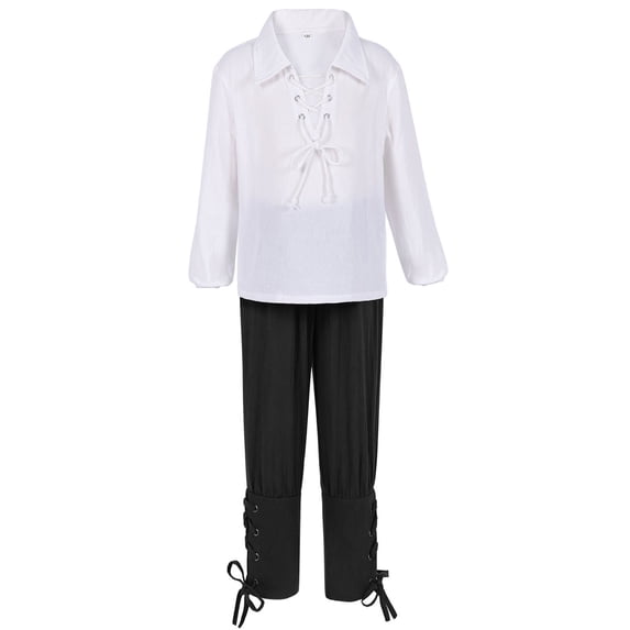 Byoo Toddler Boys' Renaissance Pirate Outfit Set Solid Color Long Sleeve Lace-Up Shirt and Trousers Clothes Set,Black