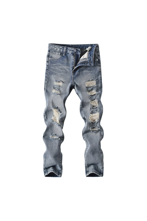 Toddler Boys Ripped Jeans Durable Solid Color Skinny Straight Fit Pull-On Denim Trousers Basic Retro Pants