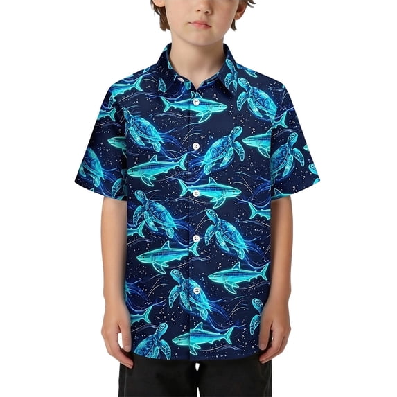 Byoo Toddler Boys Shark Printed Tee Shirt Vibrant Lightweight Short Sleeve Summer Button Down Shirt,Blue