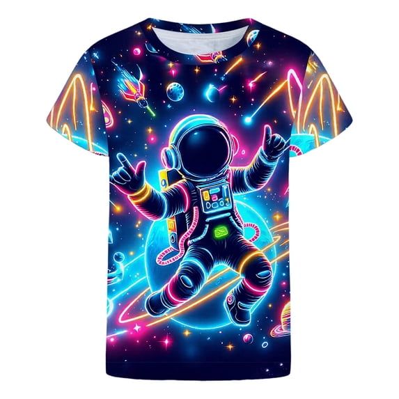 Byoo Toddler Boys Short Sleeve T-Shirt Neon Astronaut Galaxy Print Casual Outer Space Kids Top