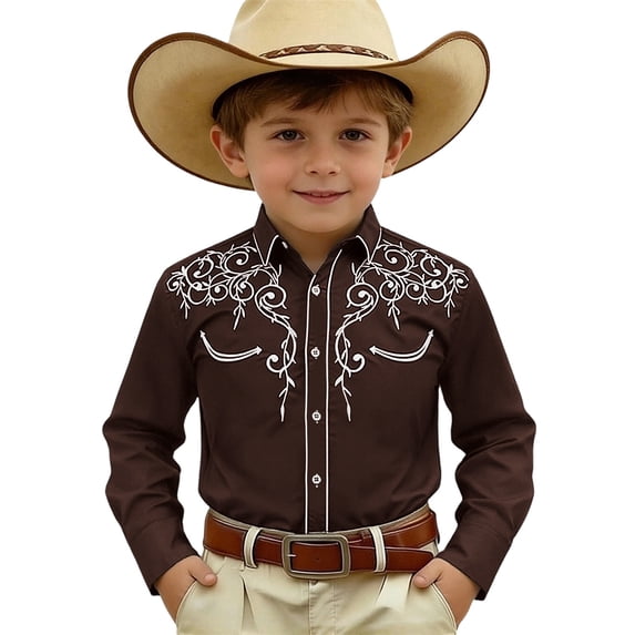 Byoo Toddler Boys Summer Vintage Western Button Down Shirt Embroidered Cowboy Casual Long Sleeve Tops