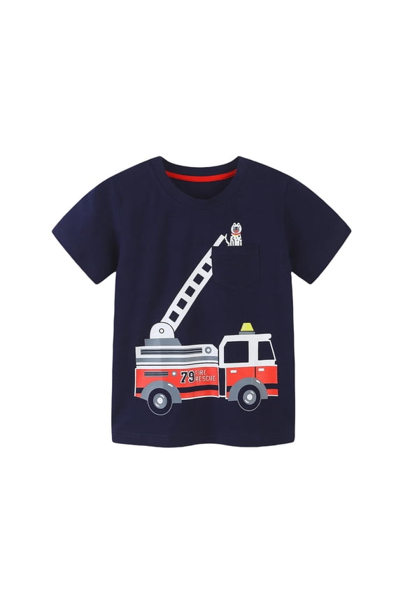 Toddler Boys T Shirt Fire Truck Print Short Sleeve Soft Summer Tee Shirt Active Pullover Top