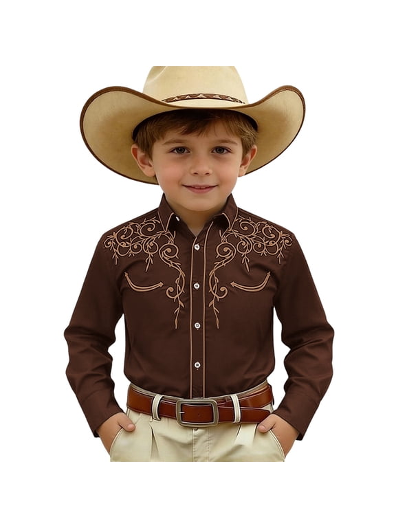 Toddler Boys T Shirt Western Embroidered Floral Pattern Long Sleeve Button-Down Cow Boy Shirt,Coffee