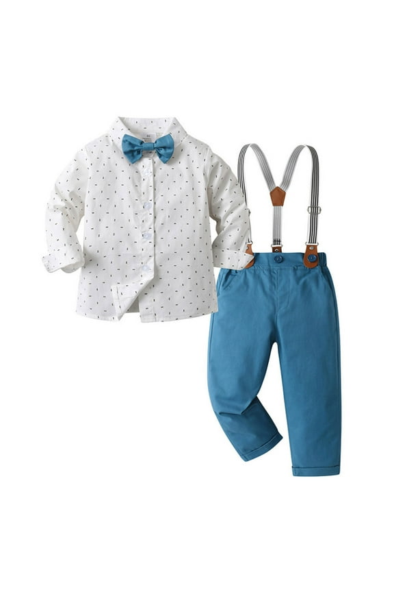 Toddler Boys Tiny Dot Graphic Suspender Outfit Set Bow Tie Long Sleeve Button Down Shirt Overalls Cloth Set Formal Outfits