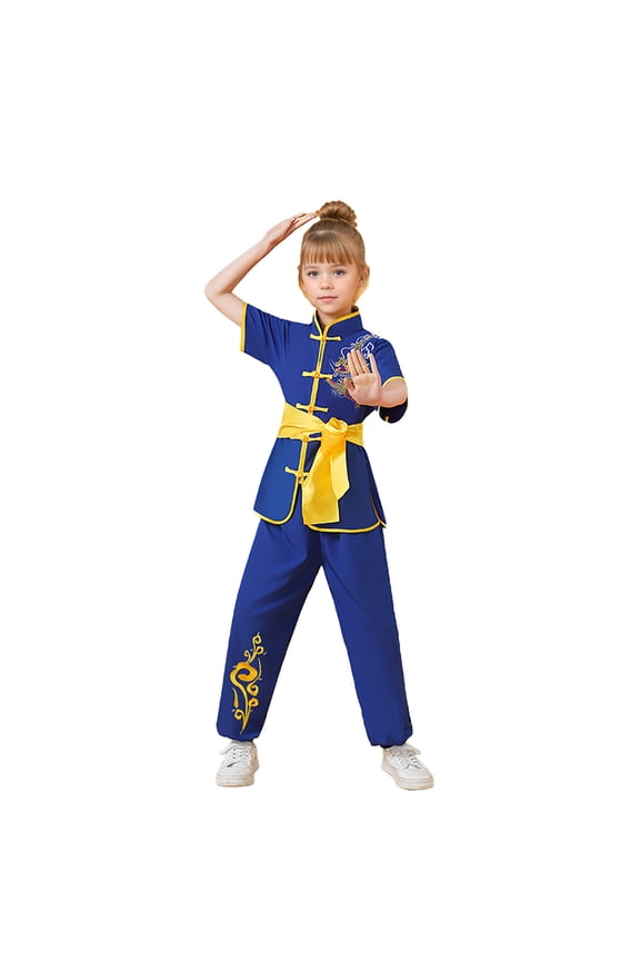 Toddler Boys Traditional Martial Arts Uniform Short Sleeve Top Pants Embroidery Practice Outfit