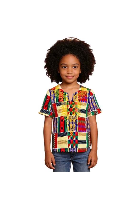 Toddler Boys Tribal Embroidered Tee Shirt Short Sleeve Notch Neck African Print T-Shirt Soft Casual Com fortable Tee Top