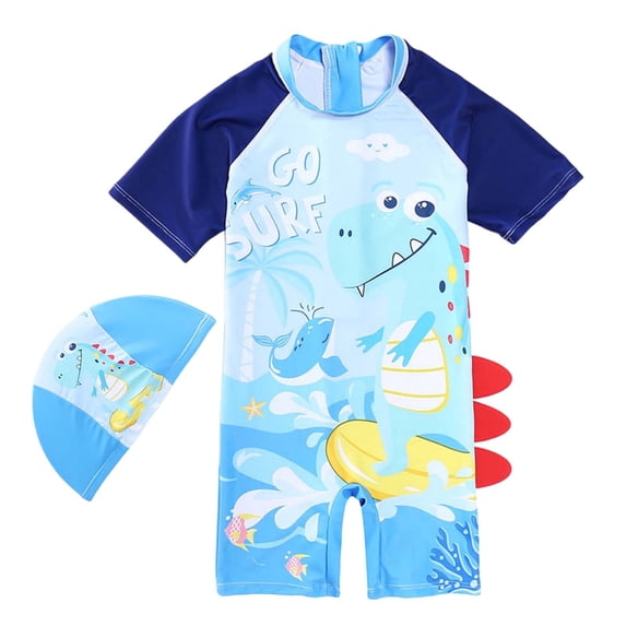 Byoo Toddler Boys UPF 50 Crab Print One Piece Swimsuit with Swim Cap Quick Dry Beach Swimwear,Blue