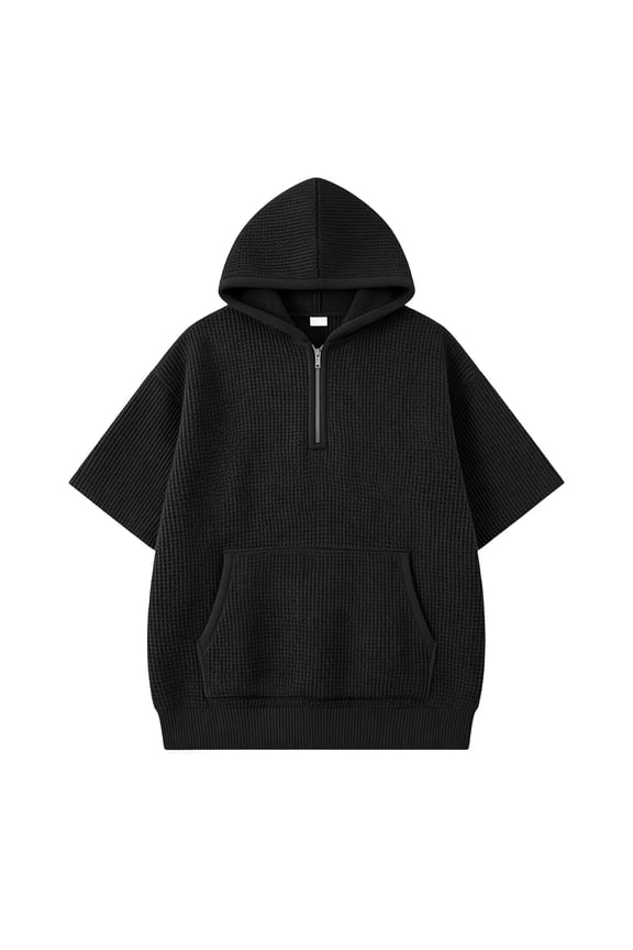 Toddler Boys Waffle Knit Half-Zip Hoodie Solid Short Sleeve Casual Pullover Sweatshirt,Black