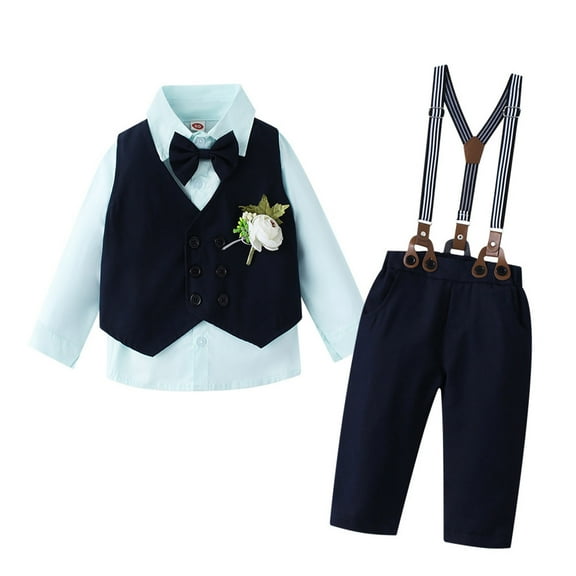 Byoo Toddler Boys Wedding Outfit Sets Bow Tie Vest Long Sleeve Shirt Overalls Outfits Formal 3pc Outfit Suis for Children