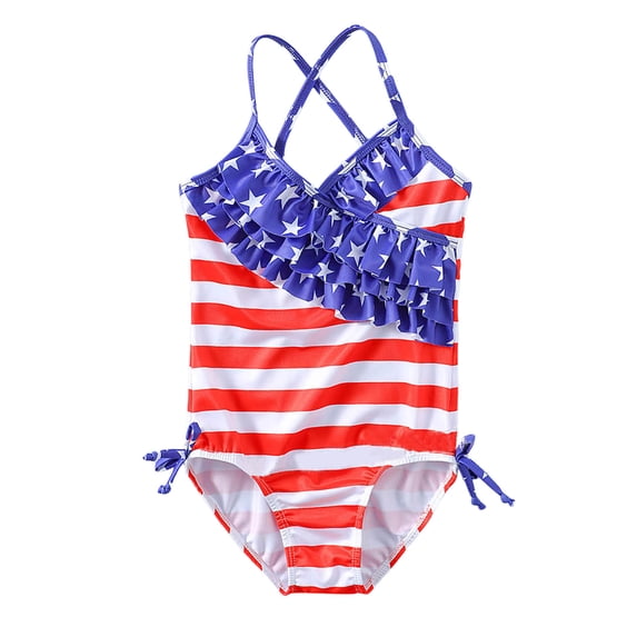 Byoo Toddler Girl 4th Of July Swimwear Ruffled One Piece Pool Beach Kids Swimsuit,Blue