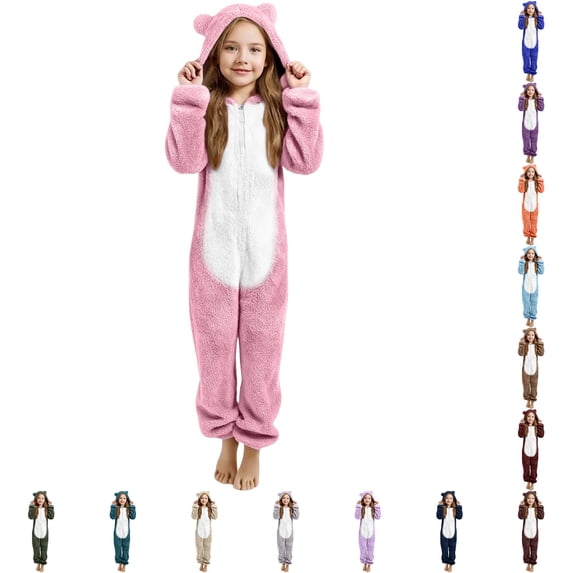 Byoo Toddler Girl Bear Onesie Pajamas Fuzzy Sherpa Hooded Bear Ears Zip Up Jumpsuit Halloween Sleepwear