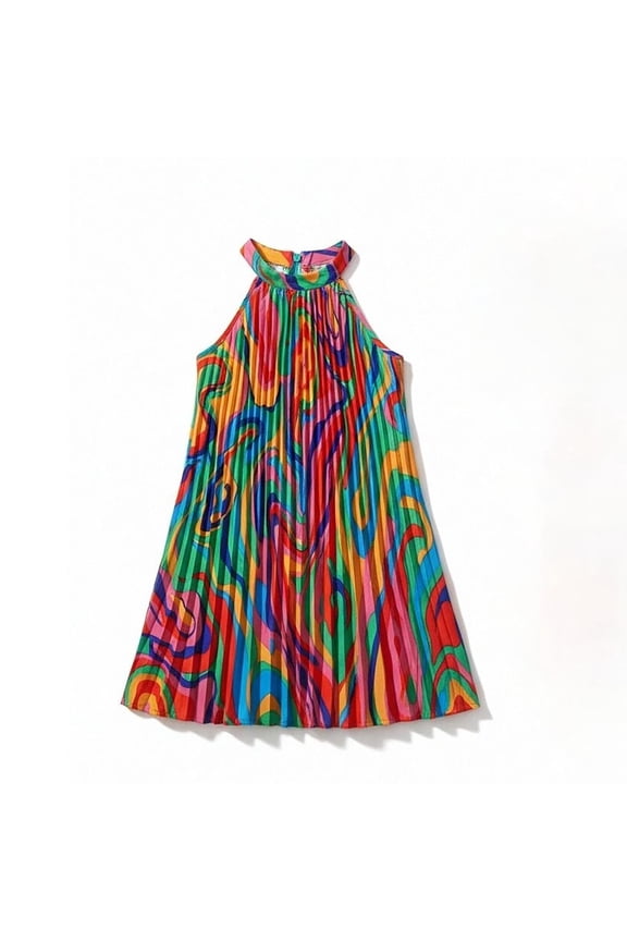 Toddler Girl Casual Dress Summer Halter Neck Graphic Sleeveless Rainbow Abstract Print Pleated Sundress Kids Soft Dresses