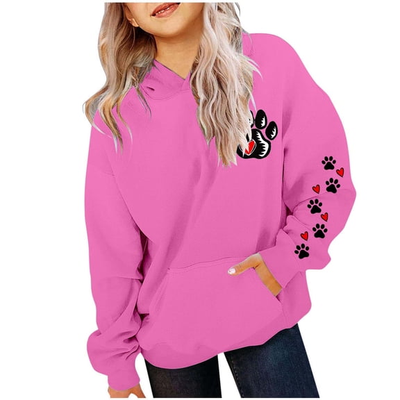 Byoo Toddler Girl Hoodie Paw Print Oversized Full Sleeved Hoody Sweatshirt Outdoor with Pocket Relaxed Fit Kids Top