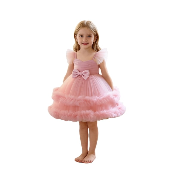 Byoo Toddler Girl Multi-Layer Ruffle Tutu Dress Flutter Sleeve Solid Bow Accent Mini Gown Kids Wedding Formal Dresses,Pink