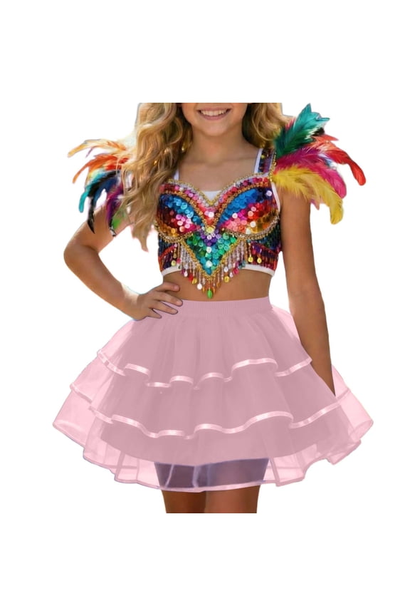 Toddler Girl Rainbow Sequin Feather Party Set Crop Top with Tiered Tulle Skirt Kids Carnival Outfit,Light Pink