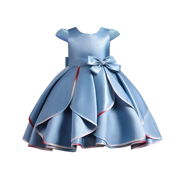 Byoo Toddler Girl Solid Satin Dress Ruffled Tiered Crew Neck Princess Dresses with Bow Relaxed Fit Formal Gown for Kids