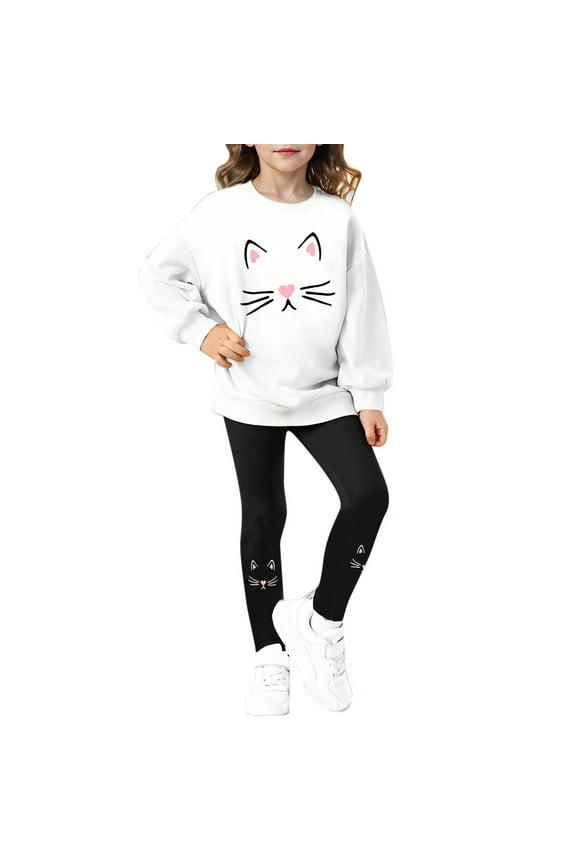 Toddler Girl's Cute Cat Printed Clothing Set Crew Neck Long Sleeve Sweatshirt Leggings Loose Fit Outfit Active Set