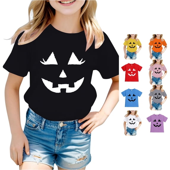 Byoo Toddler Girl's Fun T‑Shirt Halloween Pumpkin Jack‑O‑Lantern Graphic Short‑Sleeve Tees Summer Shirts