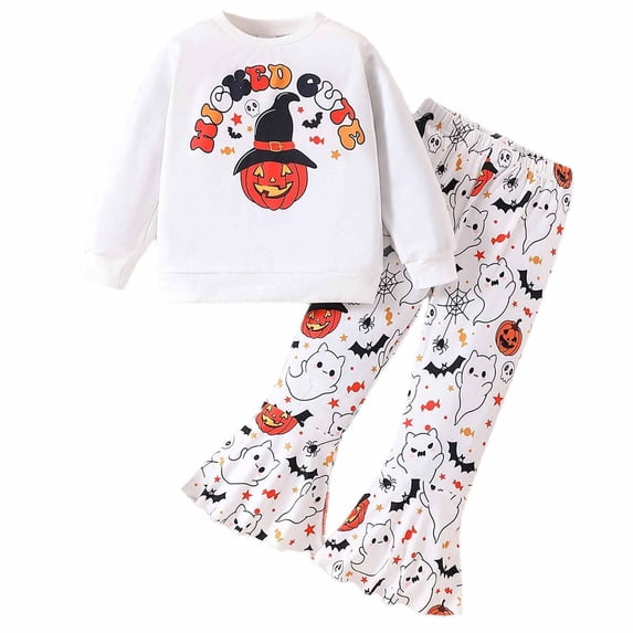 Byoo Toddler Girl's Halloween Pumpkin Ghost All Over Print Tracksuit Set Long Sleeve Crew Neck Tops Daily Flared Pants,White