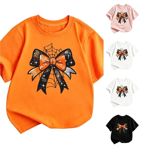 Byoo Toddler Girl's Halloween Short‑Sleeve T‑Shirt Spiderweb Bow Graphic Print Fall Tee Shirt