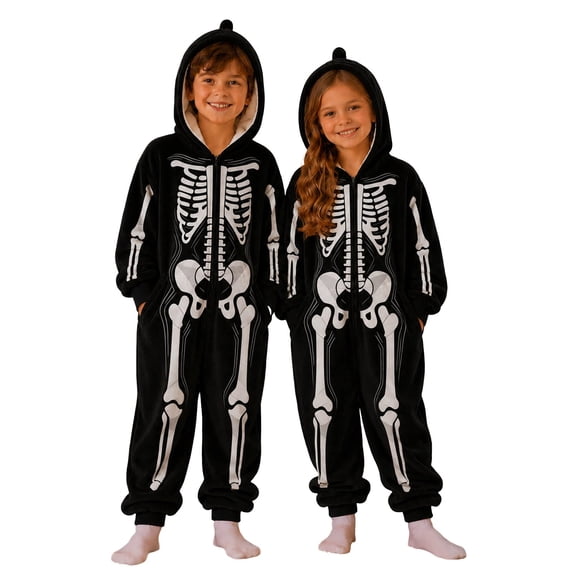 Byoo Toddler Girl's Zip Up Hooded Jumpsuit Printed Skeleton Halloween Onesie, Black