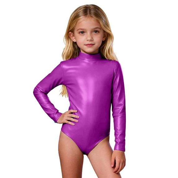 Byoo Toddler Girls Bodysuit Mardi Gras Solid Color Long Sleeve High Neck Performance Dance Jumpsuit for Kids Gym Soft Cloth
