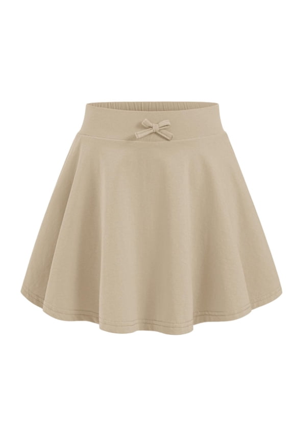 Toddler Girls Bow Accent Skater Skirt Solid Elastic Waist A Line Soft Daily Skirt ,Khaki