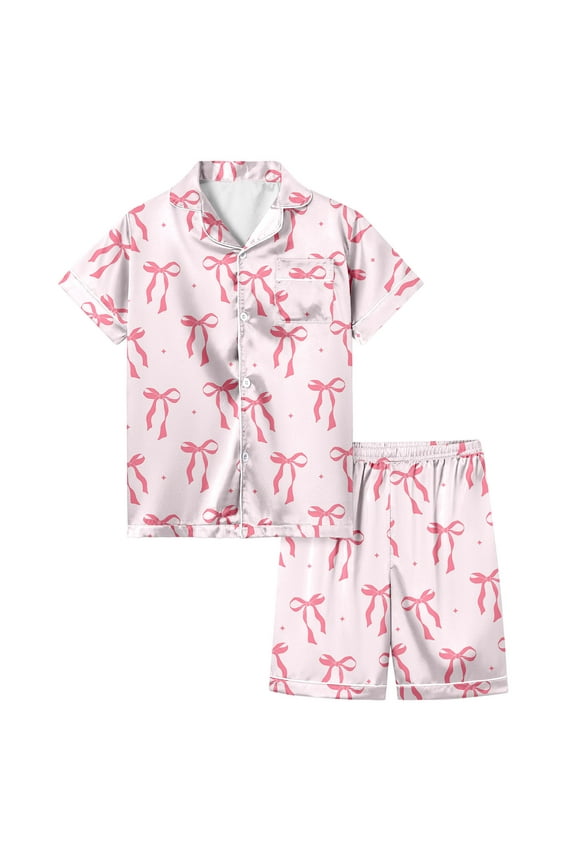 Toddler Girls' Bow Knot Printed Nightwear Short Sleeved Collared Button Shirt Shorts Set Cute Soft Homewear, Pink