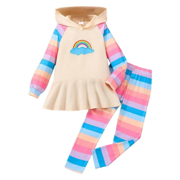 Byoo Toddler Girls Casual Outfits Rainbow Print Peplum Hoodie Pants Cute Fall Clothes Set