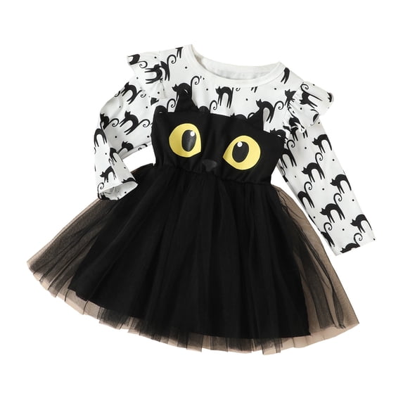 Byoo Toddler Girls' Cat Print Tutu Dress Ruffle Long Sleeve Graphic Tulle Dress Party Cute Dresses for Children,White